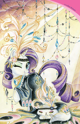 Size: 1988x3056 | Tagged: safe, artist:sararichard, opalescence, rarity, g4, beads, clothes, dress, plume, raised hoof