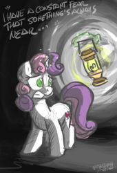 Size: 1826x2685 | Tagged: safe, artist:flutterthrash, sweetie belle, g4, dialogue, fear, fear of the dark, female, heavy metal, iron maiden, lantern, newbie artist training grounds, solo, song reference, the cmc's cutie marks