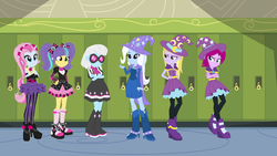 Size: 1536x864 | Tagged: safe, artist:eli-j-brony, fuchsia blush, lavender lace, photo finish, pixel pizazz, trixie, violet blurr, equestria girls, g4, female, the snapshots, trixie and the illusions