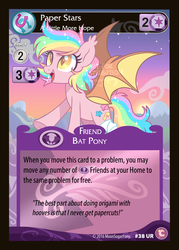 Size: 2500x3489 | Tagged: safe, artist:hawthornss, oc, oc only, oc:paper stars, bat pony, pony, amputee, bandage, card, ccg, cute, cute little fangs, fake, fangs, flying, high res, watermark