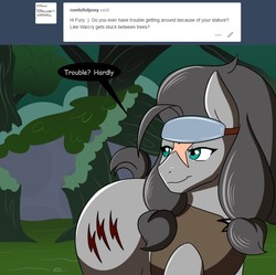 Size: 840x837 | Tagged: safe, artist:lunis1992, oc, oc only, oc:fury, pony, ask the amazon mares, female, mare, outdoors, property damage, short tail, smiling, solo, tumblr, weaponized butt, wide hips