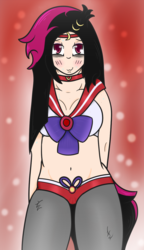 Size: 779x1355 | Tagged: safe, artist:lazerblues, oc, oc only, oc:hiki, satyr, belly button, clothes, cosplay, costume, midriff, offspring, parent:oc:miss eri, sailor mars, solo
