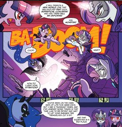 Size: 1356x1407 | Tagged: safe, artist:tonyfleecs, idw, official comic, nightmare moon, rarity, twilight sparkle, alicorn, pony, g4, ponies of dark water, spoiler:comic, spoiler:comic45, cape, cloak, clothes, comic, cropped, doctor doomity, ethereal mane, female, glowing horn, helmet, hood, horn, mare, mask, nightmare moon glamour, peytral, red eyes, scarf, speech bubble, starry mane, twilight sparkle (alicorn)