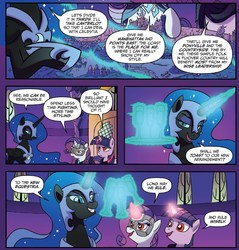 Size: 1333x1395 | Tagged: safe, artist:tony fleecs, idw, official comic, nightmare moon, rarity, twilight sparkle, alicorn, pony, unicorn, g4, ponies of dark water, spoiler:comic, spoiler:comic45, comic, cropped, cutie map, doctor doomity, drinking glass, ethereal mane, female, glass, magic, magic aura, mare, mask, nightmare moon glamour, red eyes, speech bubble, starry mane, telekinesis, toasting, twilight sparkle (alicorn)