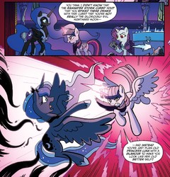 Size: 1360x1414 | Tagged: safe, artist:tony fleecs, idw, official comic, nightmare moon, princess luna, rarity, twilight sparkle, alicorn, pony, g4, ponies of dark water, spoiler:comic, spoiler:comic45, armor, blast, cape, clothes, comic, cropped, duo, ethereal mane, female, magic, magic blast, mare, mask, nightmare moon glamour, red eyes, scarf, speech bubble, starry mane, twilight sparkle (alicorn)