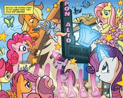 Size: 1345x1070 | Tagged: safe, artist:tonyfleecs, idw, official comic, apple bloom, applejack, fluttershy, pinkie pie, rainbow dash, rarity, scootaloo, sweetie belle, twilight sparkle, alicorn, bird, butterfly, earth pony, pegasus, pony, unicorn, g4, ponies of dark water, spoiler:comic, spoiler:comic45, broom, cropped, cutie mark crusaders, female, filly, flower, foal, magic, magic aura, mane six, mare, mouth hold, quantum leap (tv series), sweeping, sweepsweepsweep, telekinesis, theater, twilight sparkle (alicorn)