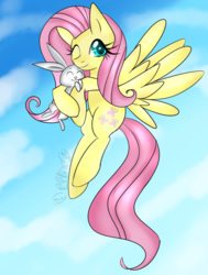 Size: 1362x1805 | Tagged: safe, artist:ponyflix, angel bunny, fluttershy, g4, female, flying, one eye closed, smiling, solo