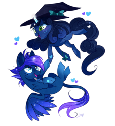 Size: 1000x1099 | Tagged: safe, artist:ipun, oc, oc only, oc:search party, oc:seria, griffon, pony, unicorn, bow, female, hat, heart, heart eyes, male, mare, simple background, starry eyes, transparent background, wingding eyes, witch hat