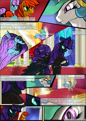 Size: 1087x1536 | Tagged: safe, artist:sevireth, nightmare moon, princess celestia, oc, oc:nyx, alicorn, earth pony, pony, comic:recollection, tumblr:nyx contacts, g4, alicorn oc, comic, disguise, earth pony oc, magic, stained glass, throne room, tyrant celestia