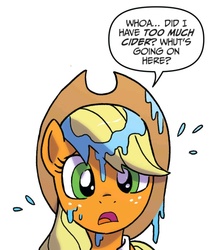 Size: 720x806 | Tagged: safe, artist:tonyfleecs, idw, applejack, g4, spoiler:comic, spoiler:comic45, confused, cropped, female, simple background, solo, wet, white background
