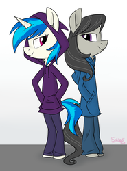 Size: 1024x1382 | Tagged: dead source, safe, artist:flourret, dj pon-3, octavia melody, vinyl scratch, earth pony, unicorn, anthro, unguligrade anthro, g4, clothes, ear fluff, female, hand in pocket, hoodie, lidded eyes, mare, missing accessory, neck fluff, pants, signature, smiling, standing