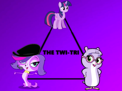 Size: 800x600 | Tagged: safe, twilight sparkle, alicorn, dog, hamster, pony, g4, comparison, glasses, hand on hip, hat, littlest pet shop, looking at you, microphone, num nums, open mouth, purple background, simple background, smiling, the zhuzhus, triangle, twilight sparkle (alicorn), zhuzhu pets, zoe trent