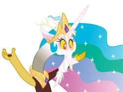 Size: 4859x3644 | Tagged: safe, artist:sketchmcreations, discord, princess celestia, dungeons and discords, g4, discord's celestia face, imitation, mocking, simple background, smiling, transparent background, vector