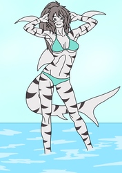 Size: 850x1200 | Tagged: safe, artist:linedraweer, oc, oc only, original species, shark, shark pony, anthro, anthro oc, armpits, barely pony related, bikini, clothes, commission, solo, swimsuit