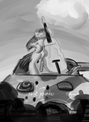 Size: 2000x2734 | Tagged: safe, artist:drafthoof, octavia melody, earth pony, pony, g4, bipedal, cello, eyes closed, female, high res, mare, military, monochrome, musical instrument, sad, solo, tank (vehicle)