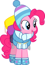 Size: 2392x3500 | Tagged: safe, artist:limedazzle, pinkie pie, earth pony, pony, dungeons and discords, g4, bags, clothes, female, high res, mare, open mouth, show accurate, simple background, smiling, solo, transparent background, vector, winter outfit