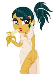 Size: 2087x2794 | Tagged: safe, artist:conikiblasu-fan, cleopatra jazz, dungeons and discords, equestria girls, g4, banana, breasts, cleavage, clothes, cropped, curvy, dress, equestria girls-ified, food, high res, hourglass figure, lipstick, side slit, simple background, transparent background, vector