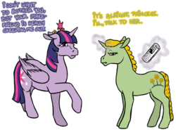 Size: 659x487 | Tagged: safe, artist:quoting_mungo, twilight sparkle, oc, oc:marigold field, alicorn, pony, unicorn, g4, magic, newspaper, raised hoof, telekinesis, twilight sparkle (alicorn)