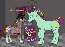 Size: 1055x767 | Tagged: safe, artist:quoting_mungo, oc, oc only, oc:lucky charm, oc:omnislut, earth pony, pony, unicorn, clothes, duo, eyes closed, glasses, mouth hold