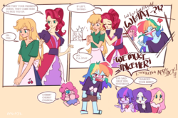 Size: 1280x850 | Tagged: safe, artist:dusty-munji, applejack, cherry jubilee, fluttershy, pinkie pie, rainbow dash, rarity, twilight sparkle, human, g4, comic, engrish, female, humanized, jealous, lesbian, mane six, pony coloring, ship:appledash, shipping