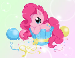 Size: 800x618 | Tagged: safe, artist:rhela, pinkie pie, earth pony, pony, g4, balloon, chibi, confetti, cupcake, cute, diapinkes, female, food, gradient background, hair over one eye, leaning, looking up, no mouth, solo