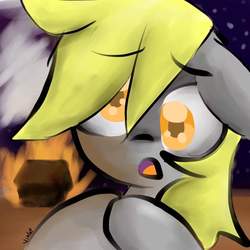 Size: 960x960 | Tagged: safe, artist:melanie-violet, derpy hooves, pegasus, pony, g4, female, fire, i just don't know what went wrong, mare, solo