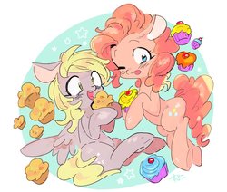 Size: 818x694 | Tagged: safe, artist:29axa, derpy hooves, pinkie pie, earth pony, pegasus, pony, g4, :p, cupcake, cute, derpabetes, diapinkes, female, food, hoof hold, mare, muffin, open mouth, simple background, smiling, spread wings, tongue out, white background, wide eyes, wings