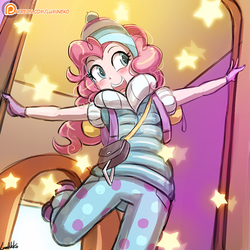 Size: 750x750 | Tagged: safe, artist:lumineko, pinkie pie, human, dungeons and discords, equestria girls, g4, blushing, clothes, cute, equestria girls interpretation, female, gloves, hat, open mouth, pants, patreon, patreon logo, scene interpretation, short-sleeved jacket, solo, stars, winter outfit