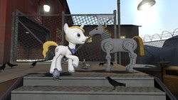 Size: 1280x720 | Tagged: safe, artist:horsesplease, prince blueblood, bird, crow, pony, seagull, g4, 3d, crossover, fallout, giddyup buttercup, gmod, male, raised hoof