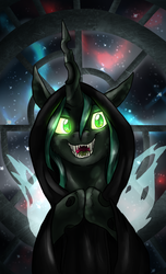 Size: 730x1200 | Tagged: dead source, safe, artist:not-ordinary-pony, queen chrysalis, changeling, changeling queen, g4, crossover, darth sidious, emperor palpatine, fangs, female, glowing eyes, solo, star wars