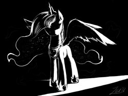 Size: 640x480 | Tagged: safe, artist:zoarvek, princess luna, g4, female, monochrome, newbie artist training grounds, solo, spread wings