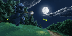 Size: 2000x1000 | Tagged: safe, artist:da-exile, princess luna, alicorn, firefly (insect), pony, g4, atg 2016, butterfly net, cloud, female, forest, grass, missing accessory, moon, mouth hold, newbie artist training grounds, night, outdoors, running, s1 luna, sky, solo, stars, tree