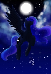 Size: 2000x2899 | Tagged: safe, artist:varshacoro, princess luna, pony, g4, cloud, eyes closed, female, flying, high res, moon, night, solo, stars