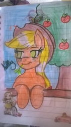 Size: 900x1600 | Tagged: safe, applejack, earth pony, pony, g4, apple, colored pencil drawing, female, food, lined paper, solo, traditional art, tree