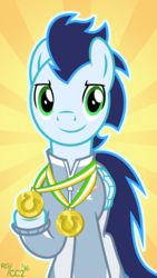 Size: 2160x3840 | Tagged: safe, artist:chainchomp2, soarin', pegasus, pony, g4, clothes, cute, high res, looking at you, male, medal, signature, soarinbetes, solo, stallion, sunburst background, vector, warmup suit