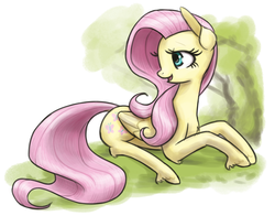 Size: 1000x783 | Tagged: safe, artist:king-kakapo, fluttershy, pegasus, pony, g4, female, fetlock tuft, prone, smiling, solo