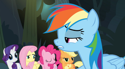 Size: 1282x714 | Tagged: safe, screencap, applejack, fluttershy, pinkie pie, rainbow dash, rarity, pony, daring don't, g4, annoyed, applejack is not amused, eyes closed, fluttershy is not amused, remane five, unamused