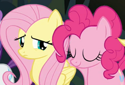 Size: 782x534 | Tagged: safe, screencap, fluttershy, pinkie pie, pony, daring don't, g4, cropped, eyes closed, fluttershy is not amused, unamused, zoomed in