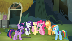 Size: 1248x720 | Tagged: safe, screencap, applejack, fluttershy, pinkie pie, rainbow dash, rarity, twilight sparkle, alicorn, pony, daring don't, g4, annoyed, female, fluttershy is not amused, mane six, raised hoof, twilight sparkle (alicorn), unamused