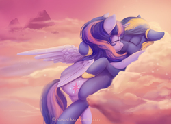 Size: 1500x1085 | Tagged: safe, artist:stasushka, twilight sparkle, oc, oc:zephyr, alicorn, pony, g4, canon x oc, cloud, duo, eyes closed, female, kissing, male, on a cloud, shipping, straight, twilight sparkle (alicorn), twiphyr