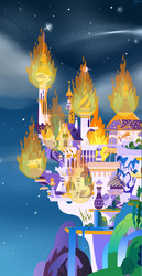 Size: 940x1818 | Tagged: safe, artist:swist47ak, canterlot castle, cloud, fire, night, no pony, stars