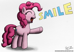 Size: 1000x698 | Tagged: safe, artist:rockingscorpion, pinkie pie, a friend in deed, g4, my little pony: friendship is magic, female, happy, simple background, smile song, solo