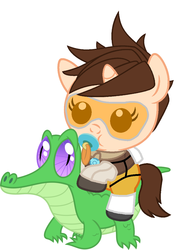 Size: 836x1117 | Tagged: safe, artist:red4567, gummy, pony, g4, baby, baby pony, crossover, cute, overwatch, pacifier, ponies riding gators, ponified, riding, tracer