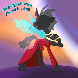 Size: 600x600 | Tagged: safe, artist:dinkelion, oc, oc only, oc:doppel, changeling, changeling oc, clothes, crossdressing, dress, green tongue, jewelry, male, necklace, pearl necklace, red dress, solo, tongue out