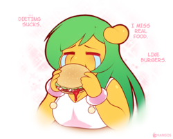 Size: 700x564 | Tagged: safe, artist:3mangos, oc, oc only, oc:mango, anthro, anthro oc, breasts, burger, cheeseburger, cleavage, crying, diet, female, floppy ears, food, hamburger, solo