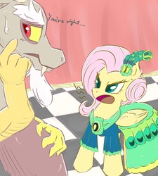 Size: 972x1080 | Tagged: safe, artist:gamijack, discord, fluttershy, g4, make new friends but keep discord, angry, clothes, dialogue, dress, gala dress, open mouth, scolding