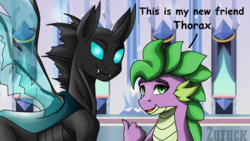 Size: 3840x2160 | Tagged: safe, artist:ciderpunk, artist:zuruck, derpibooru exclusive, spike, thorax, changeling, g4, the times they are a changeling, crystal empire, high res
