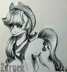 Size: 720x774 | Tagged: safe, artist:ciderpunk, artist:zuruck, derpibooru exclusive, applejack, g4, black and white, grayscale, monochrome