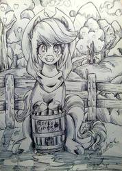 Size: 666x936 | Tagged: safe, artist:ciderpunk, artist:zuruck, derpibooru exclusive, applejack, g4, apple cider, black and white, grayscale, monochrome, sweet apple acres