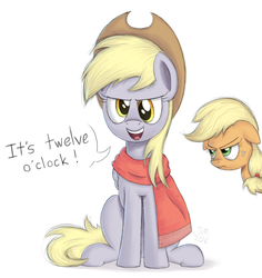 Size: 1554x1643 | Tagged: safe, artist:manual-monaro, applejack, derpy hooves, earth pony, pegasus, pony, accessory swap, accessory theft, angry, applejack is not amused, applejack wants her hat back, applejack's hat, close enough, clothes, cosplay, costume, cowboy hat, crossover, dialogue, duo, duo female, female, floppy ears, freckles, frown, glare, hat, hatless, high noon, it's high noon, jesse mccree, lidded eyes, looking at you, mare, missing accessory, open mouth, overwatch, scarf, simple background, sitting, smiling, smirk, this will end in angry countryisms, this will end in pain, this will end in pain and/or angry countryisms, towel, unamused, white background, you had one job